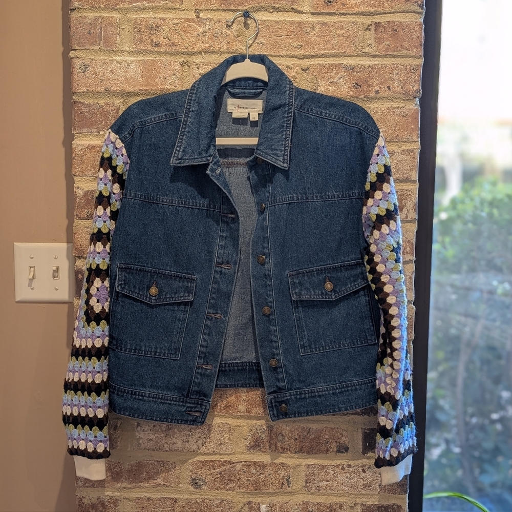 Anthropologie Blue Denim Jacket with Crocheted Sleeves